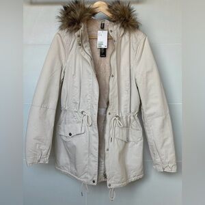 H&M Faux Fur Hooded Parka Coat Beige / Cream Size 6